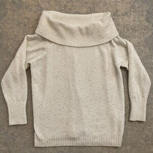 Chicos Sweater Womens Large White Sequin Cowl Neck Raglan Knit Pullover Stretch